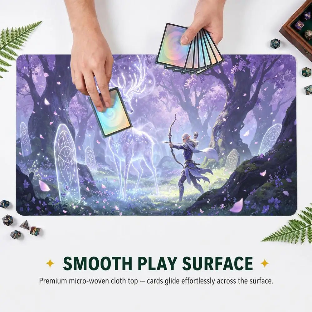 60X35CM Archer Glowing Spirit Deer Magic Purple Fores Play mat Non-Slip Rubber Base Stitched Edge Large Table Mat for Card Game