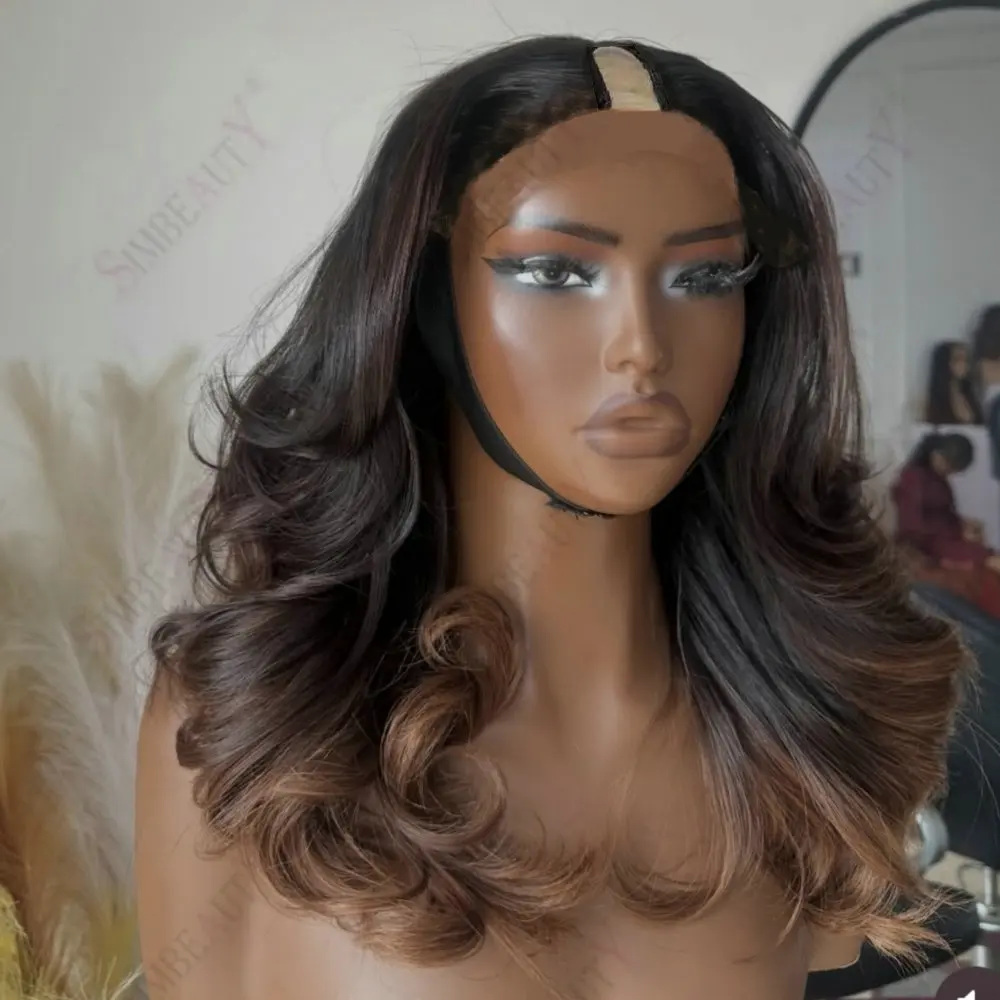 Black Women‘s Balayage Color Remy Human Hair 1x4Size U Part Wigs Body Wave Glueless Adjustable V Part Wig With Clips Easy Wear
