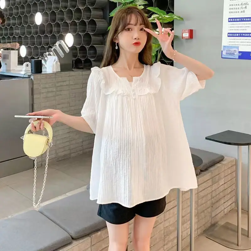 

2025 New Simple Pregnant Women's Fashion Shirt Top Shorts 2-piece Set Maternity Summer Breathable Clothing 2-Piece Set LH815