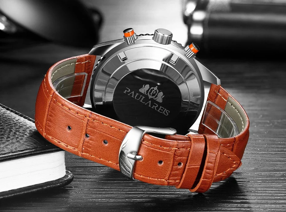 Men Automatic Self Wind Mechanical Orange Blue Black Leather Rubber Stainless Steel Strap Classic Watch