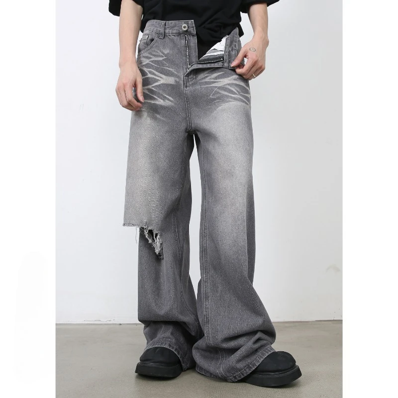 Men Denim Pants Vintage Washed Ripped Straight Loose Jeans High Street Drapedspring and AutumnComfortable Stylish Baggy mens