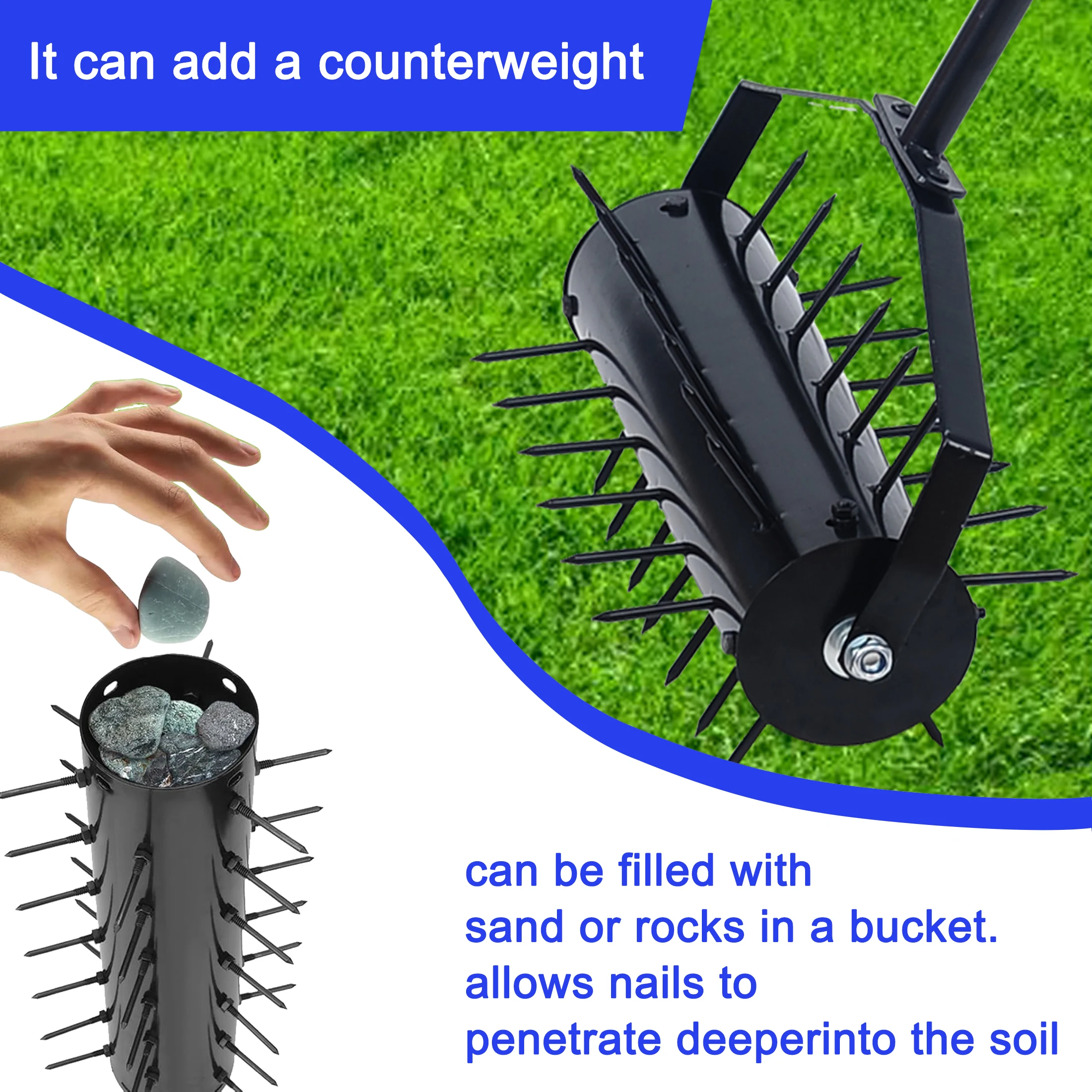 Aerator Rumput Manual Bergulir, Pendorong Alat Rumput Aerator Rumah, Aerator Rumput Dorong Pegangan 58 Inci untuk Rumput, Halaman, dan Kebun