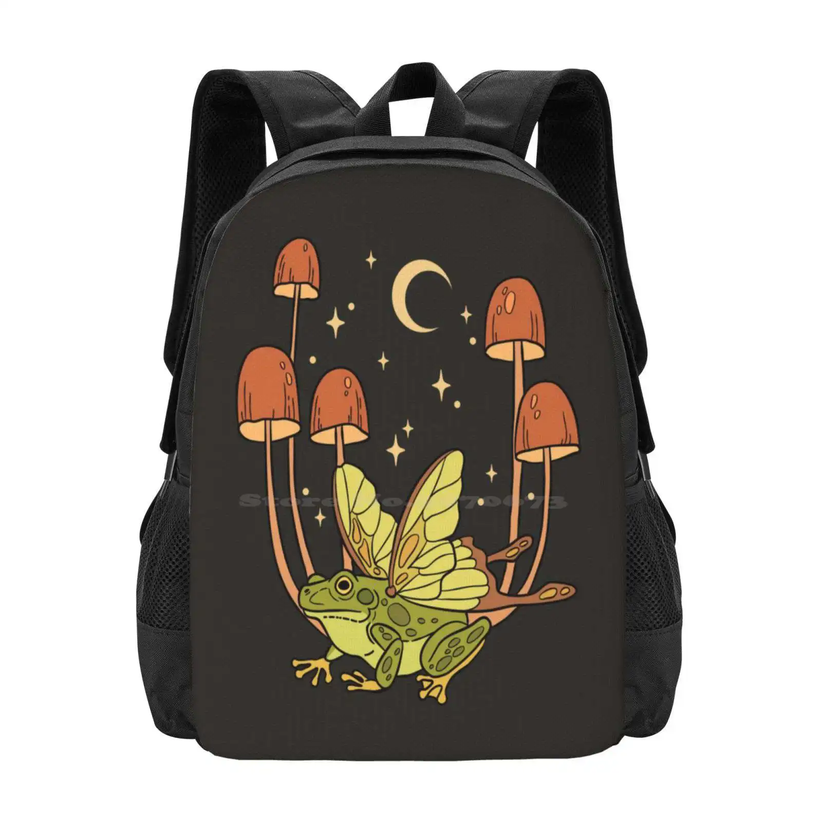 Fairy Frog Hot Sale Schoolbag Backpack Fashion Bags Frog Fairy Mushroom Fungi Nature Night Moon Stars Cottagecore Goblincore