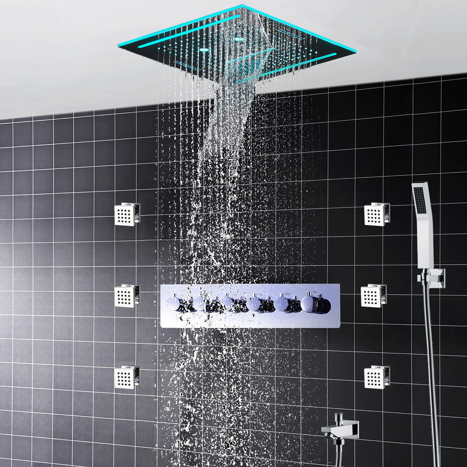 304SUS LED Music 16 Inch 400mm Square Shower Head Panel 2 Inch Jets Constant Temperature Mixer Valve Rainfall SPA Shower System