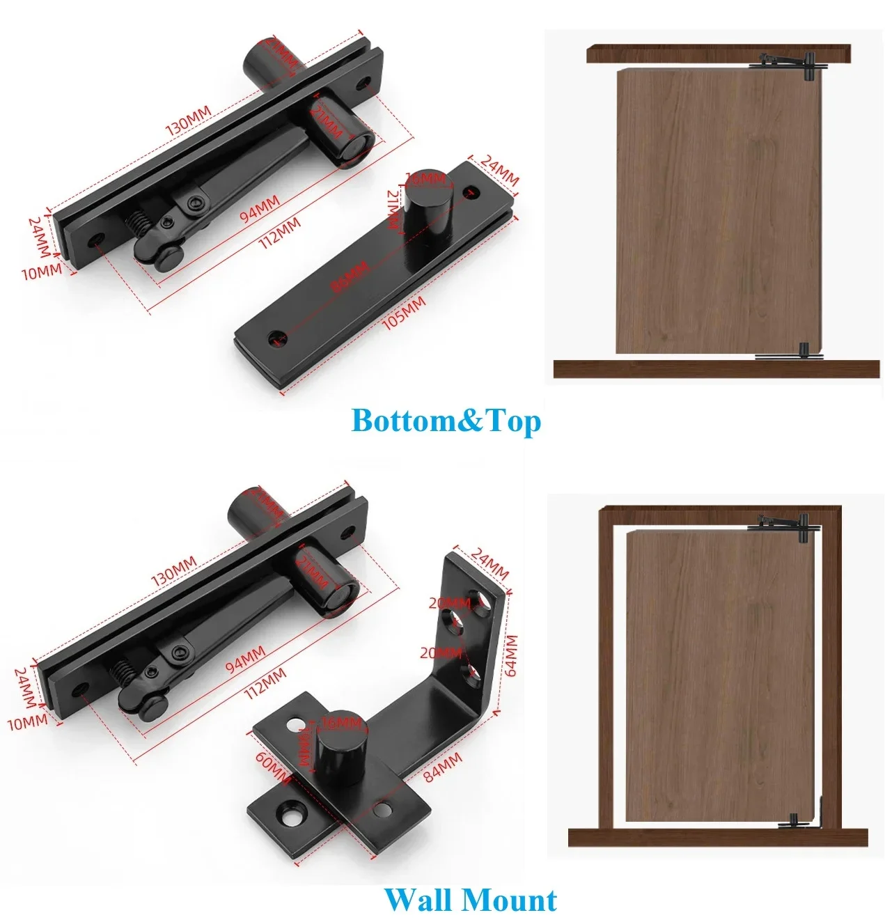 1Pair Black Stainless Steel 360 Degrees Pivot Hinge Top Bottom Wall Mount For Wooden Door