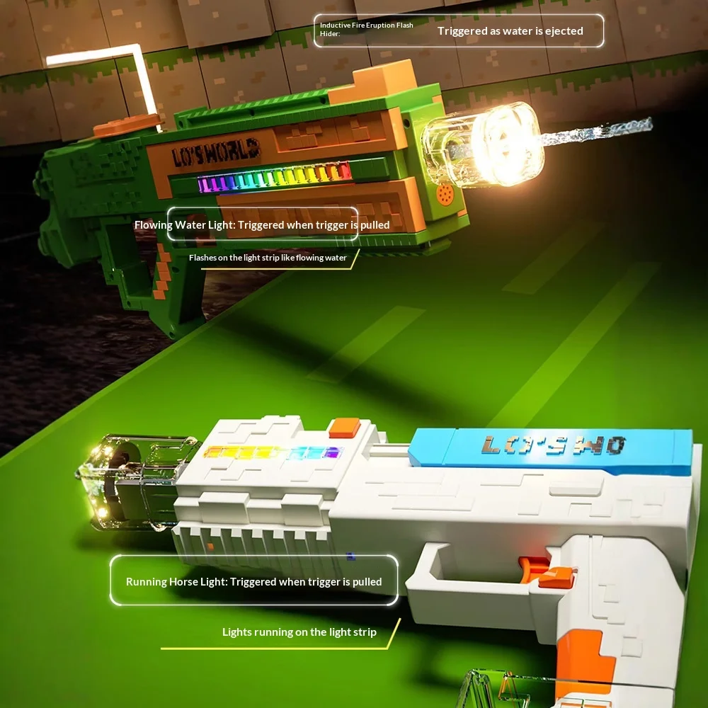 

Pixel Style Large Capacity Water Gun Auto Water Absorb, Linked Reset, Flash Fire Cap, RGB Lights, Summer Outdoor High Pressure