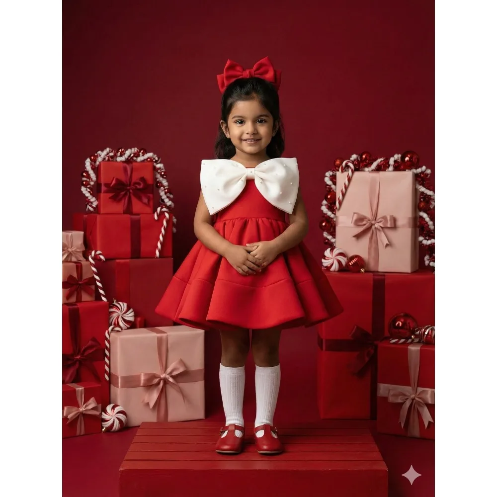 

Индивидуальное детское платье А-силуэта для девочек на свадьбу 2026: мини-платье-бальное с жемчугом и бантом для дня рождения, первого причастия