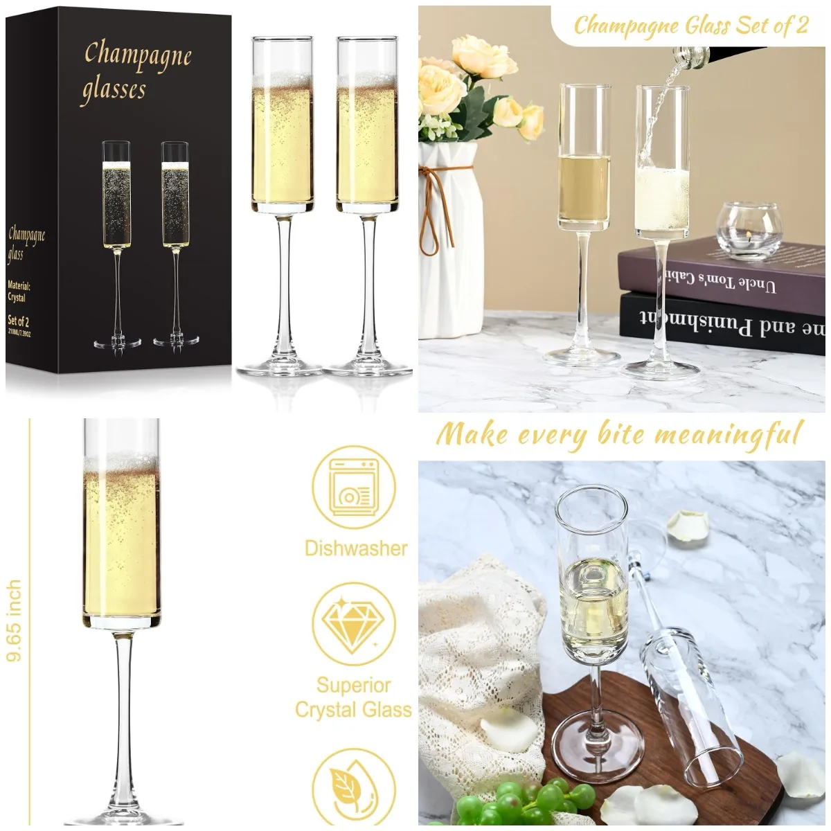 

Glass Champagne Flutes Set of 2, 7oz Stemmed Mimosa & Prosecco Glasses, Hand Blown, Dishwasher Safe, Ideal for Weddings & Partie