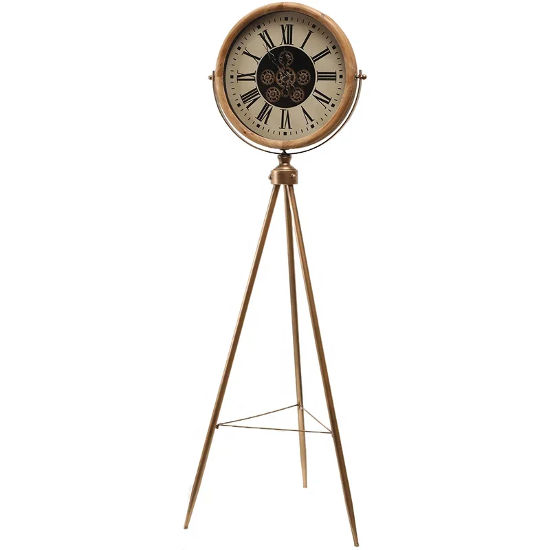 Infinity Time New Design Wood Floor Clock Classic Tripod Movie Light Metal Moving Gears Floor Clock Floor Standing Clock