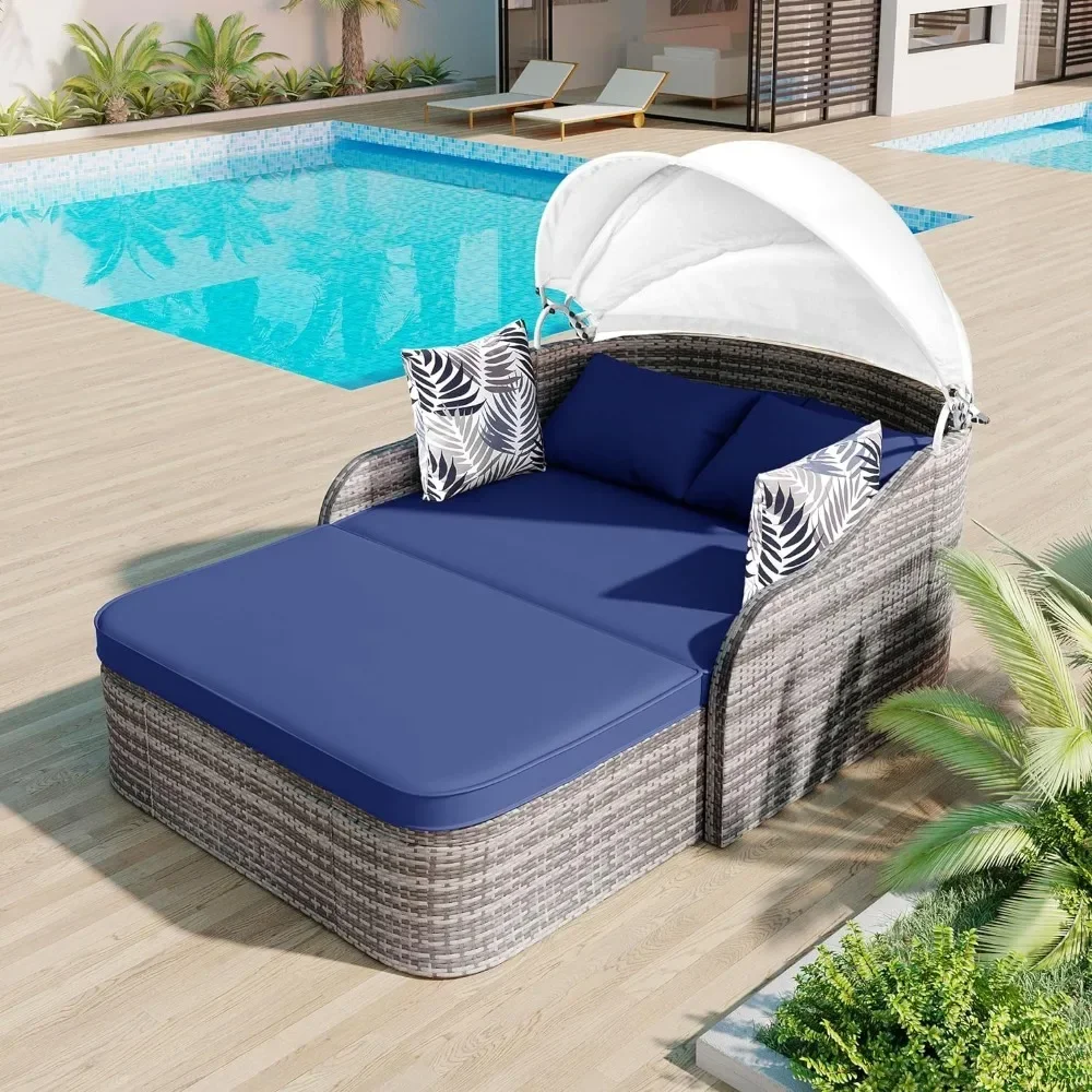 Outdoor Patio Sunbed Daybed with Adjustable Canopy Wicker Rattan Daybed Double Chaise Lounger with Cushions and Pillows Camping