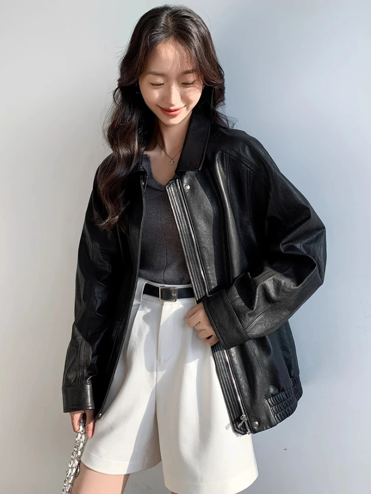 Vintage Genuine Leather Motorcycle Jacket for Women Spring Autumn 2025 New High-end Casual Simple Soft Black Real Sheepskin Coat