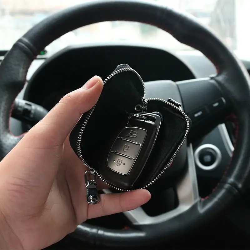 

Universal Car Head Key Cowhide Leather Mini Key Bag with Zipper - Simple Design Key Cover for Men & Women - Lock & Protection