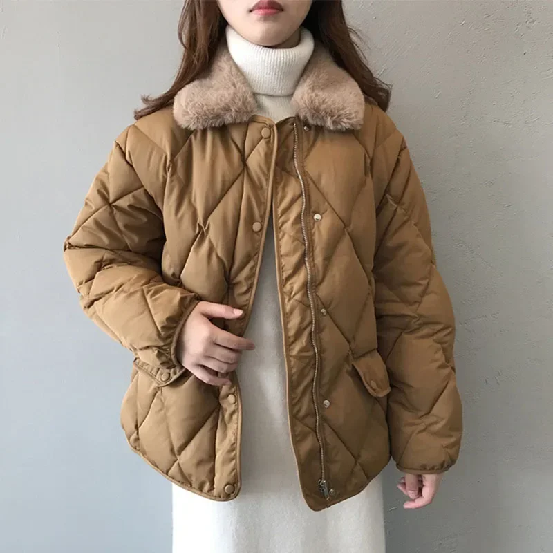 Parkas de gola de pele comprida feminina, jaquetas acolchoadas grossas e quentes, casacos soltos casuais, streetwear vintage, outerwear feminino,