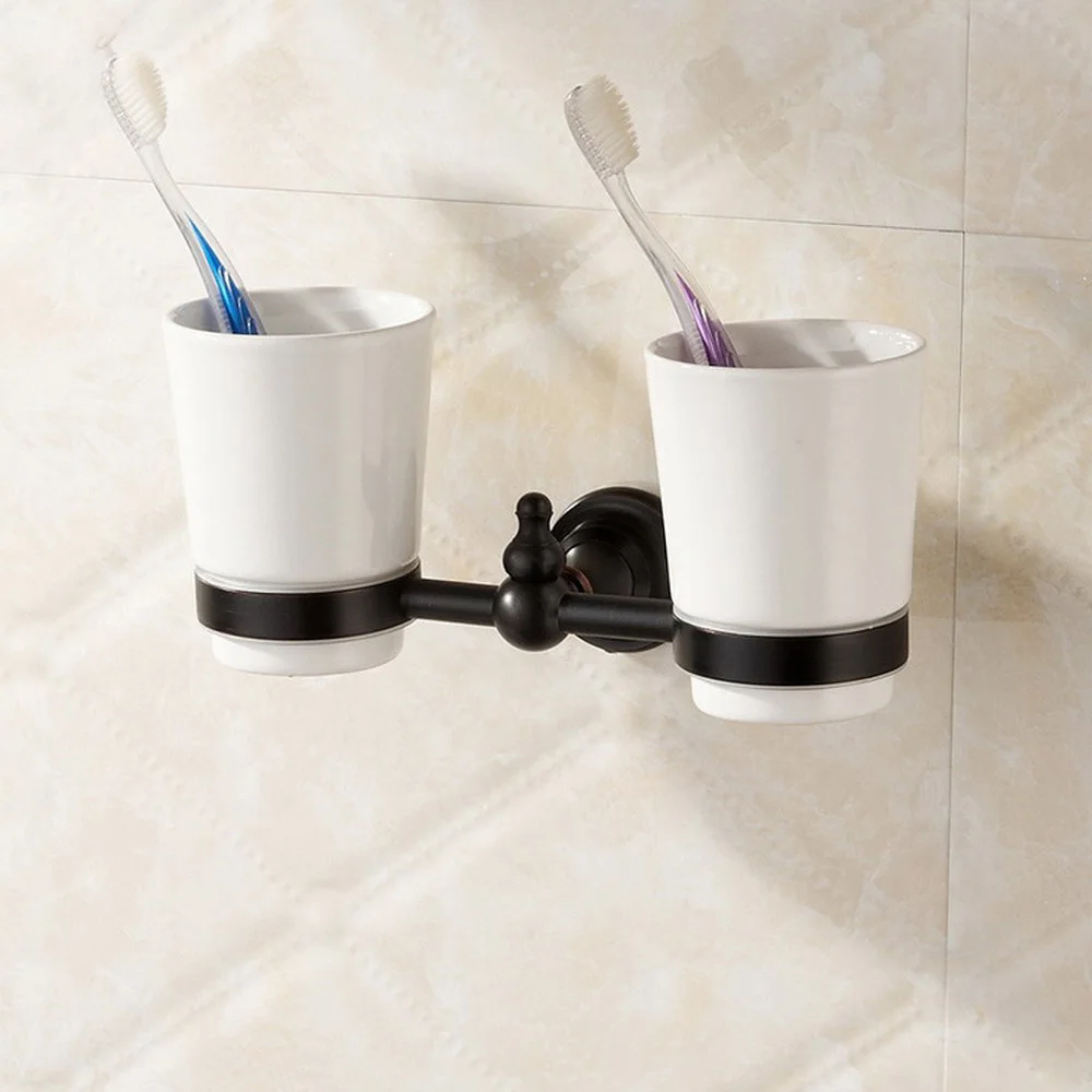 Black Oil Rubbed Brass Toothbrush Holder With Dual Ceramic Cups Wall Mounted Bathroom Accessories aba828