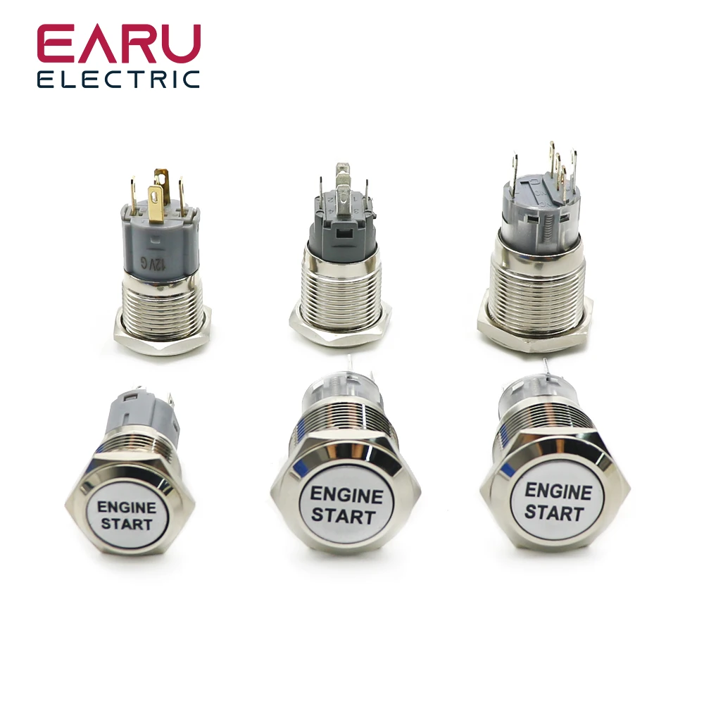 16mm 19mm Metal Button Switch With Light Engine Start Icon Momentary 12V Waterproof Switch Red Yellow Green Blue White Purple