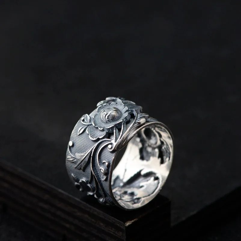 Vintage 999 Pure Silver Chinese Style Open Ring Jewelry for Women Ethnic Adjustable Embossed Peony Flower Finger Rings JZ104