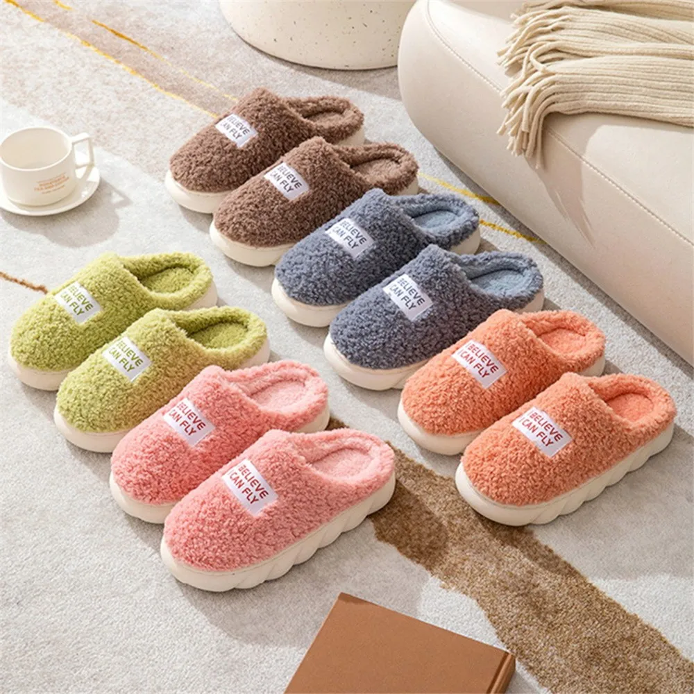 Thick Sole Home Indoor Outside Men And Women Couples Winter Household Warm Fluffy Slippers High Heels Plush Cotton Shoes Ladies