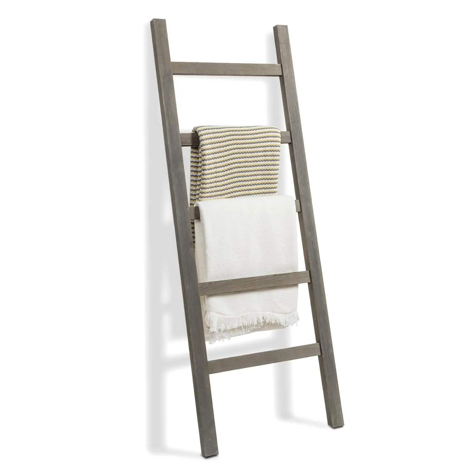 

54 Inch Tall Fully Assembled Wood Blanket Ladder 5 Tier Wall Leaning Towel Rack Gray