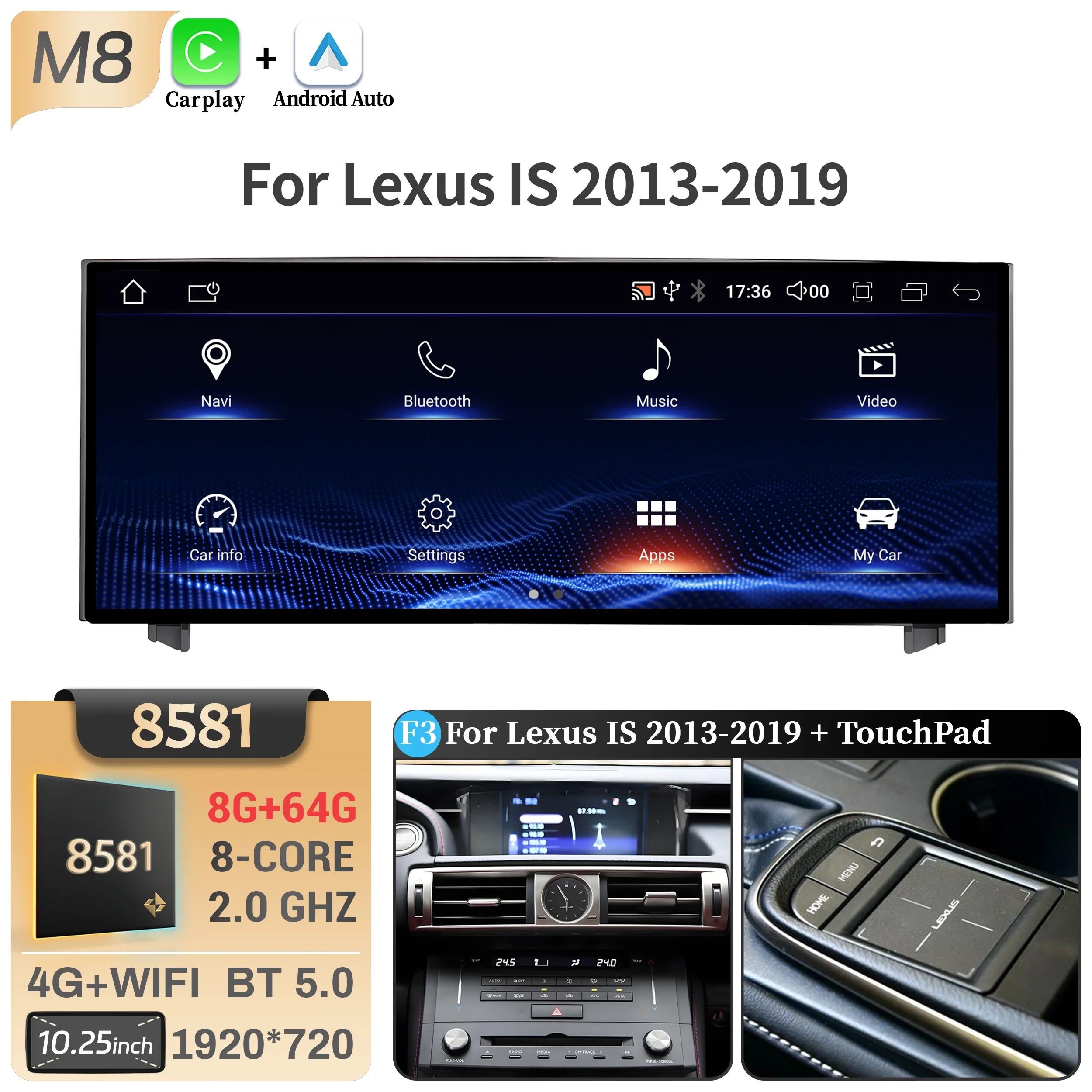 10.25"Android 14 For Lexus IS RC 200 250 300 350 200t 300h 2013-2019 Car Radio Multimedia CarPlay Snapdragon 668S Touch Screen image 3