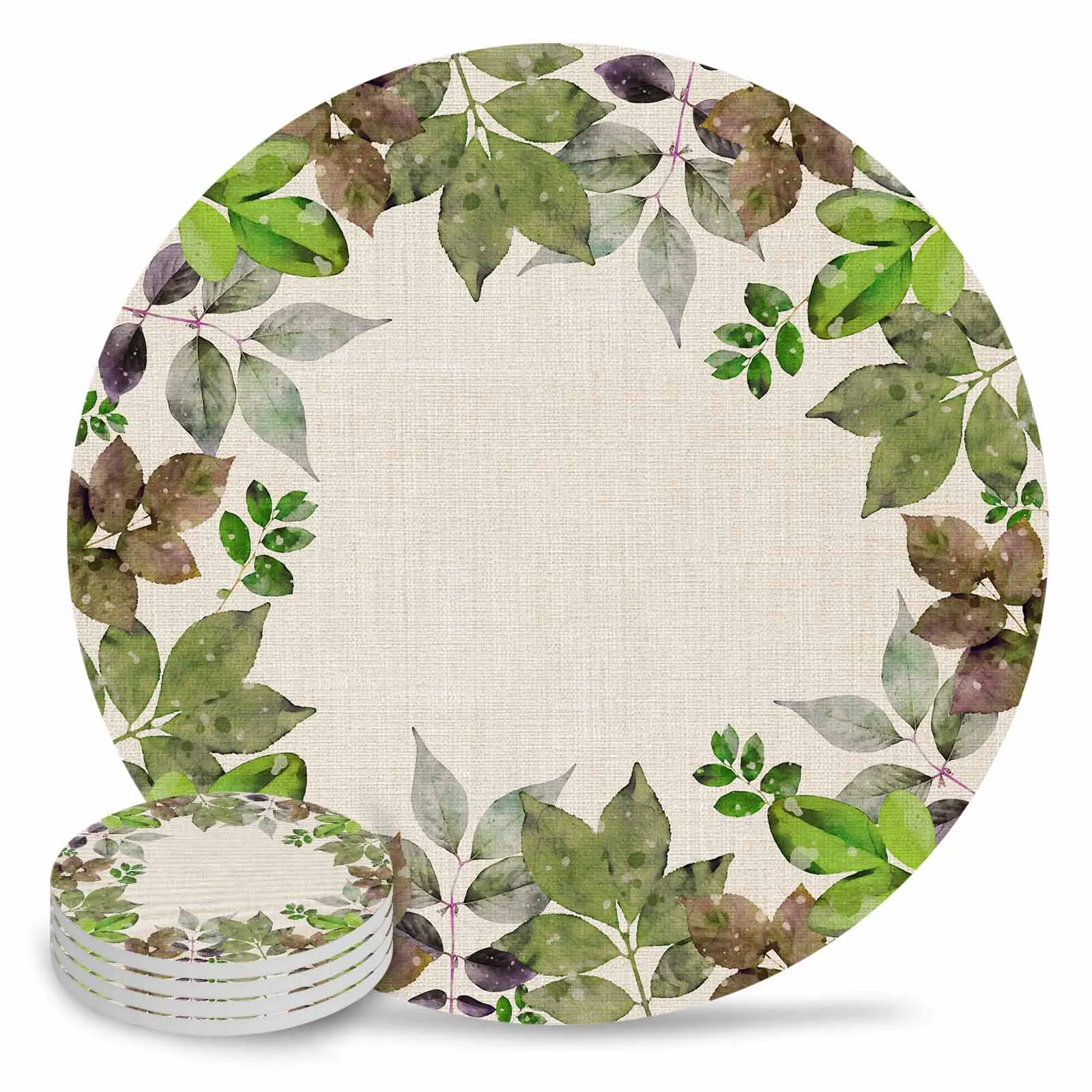 Plants Gray Green Leaves Beige Linen Background Round Coaster Coffee Table Mats Kitchen Accessories Absorbent Ceramic Coasters