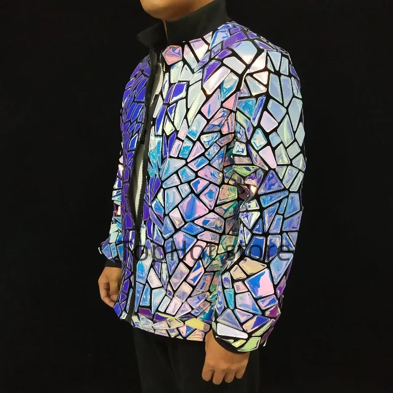 Shiny Mirror Jacket Purple Bling Coat Male Stage Performance Costume Club Party Show Sequins Overcoat Rave Outfit Hip Hop Dance