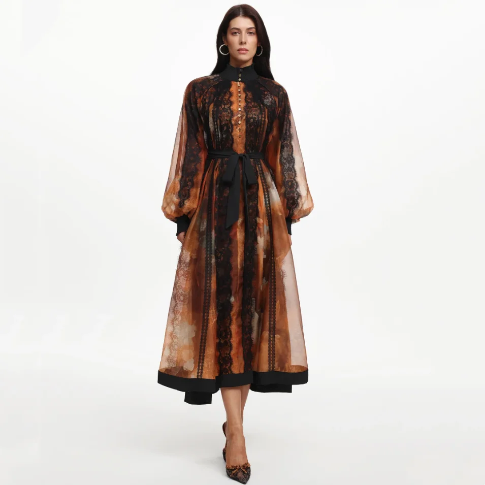 Retro Court Style Long Dress Lace Print Patchwork Bell Sleeve Maxi Skirt Waist Cinched Belted Women's Fashion Spring 2026