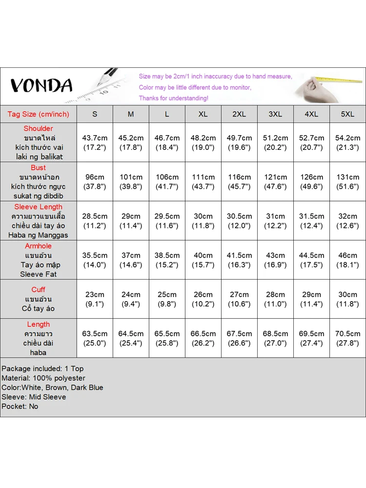 VONDA Damska tunika Modna bluzka 2025 Letnie topy z krótkim rękawem Casual V-Neck Luźne, eleganckie koszule Hollow Out Lace Blusas