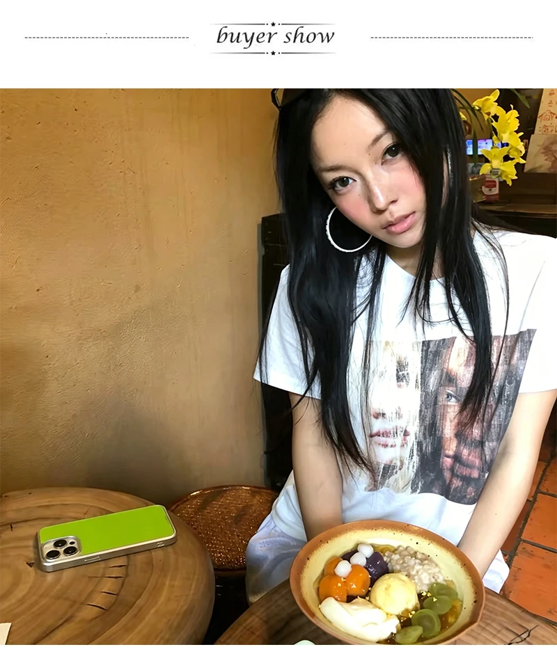 Karrram Japanisches Y2k Portrait-Print T-Shirt Trashy 2000s Grunge Kurzarm-T-Shirt Vintage Harajuku Streetwear American Retro – Detail 2