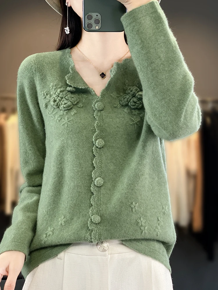 Women\'s Cardigan 100% Australian Wool O-neck Sweater Embroidered Button High Elegant Tops Skin Friendly Soft Comfortable Fashion