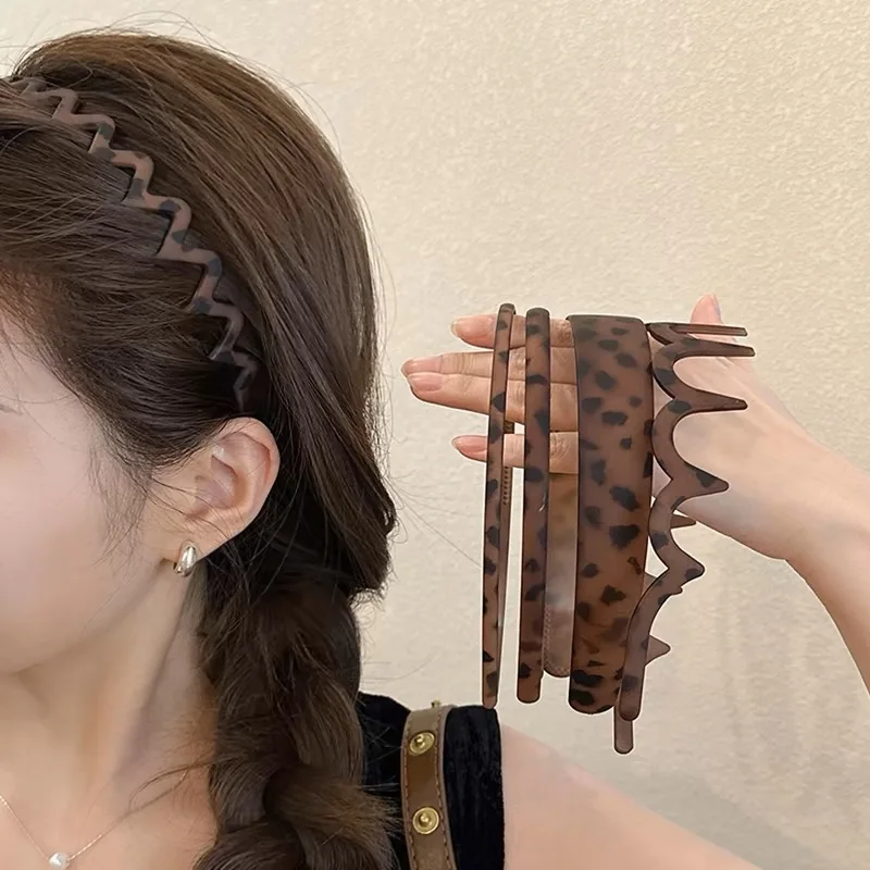 Awaytr 5 pçs fosco leopardo ondulado dentado bandana de plástico macio hairband para mulheres headwear faixa de cabelo argola acessórios para o cabelo