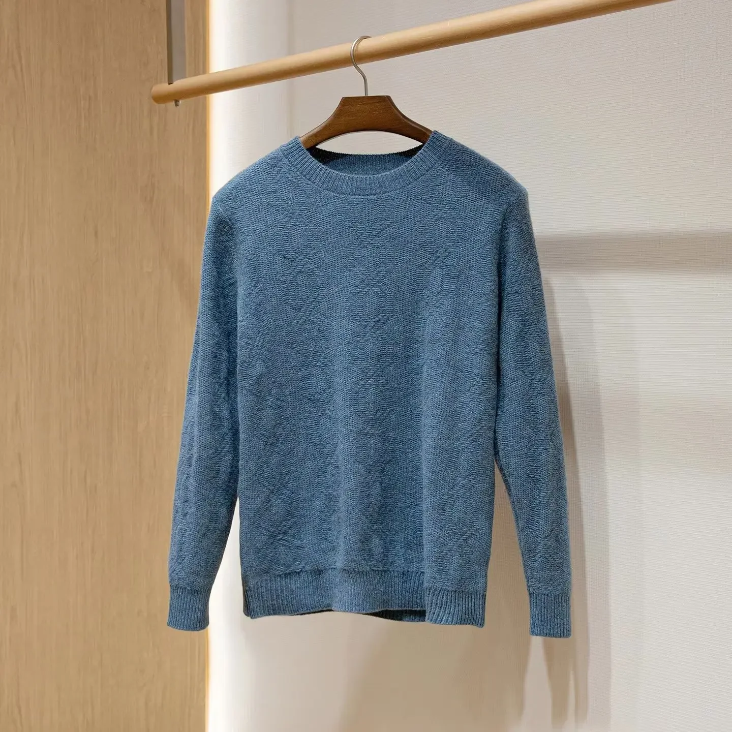 100% pure cashmere, quiet luxury men's double-strand jacquard crew-neck knitted cashmere sweater