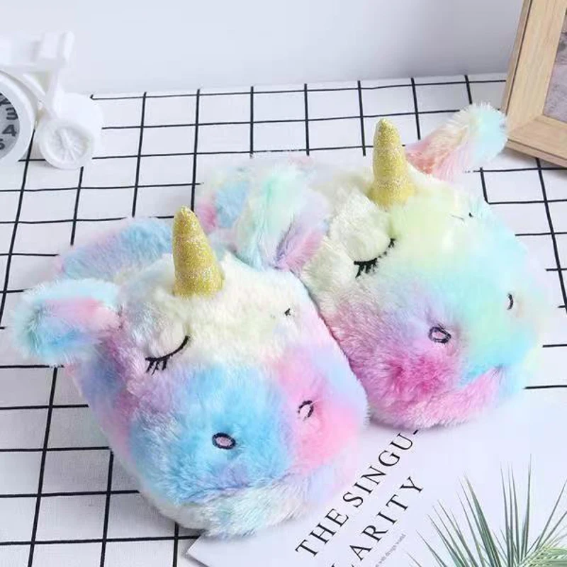 

Women Cartoon Unicorn Winter Home Slippers Cute Plush Fluffy House Slides Girls Furry Flip Flop Fur Slides Cotton Indoor Shoes