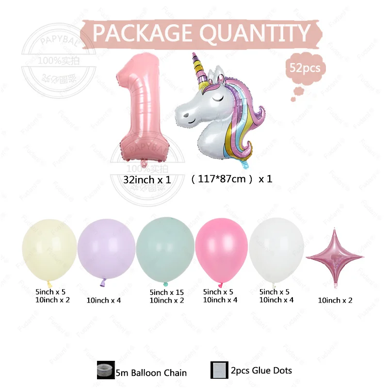 52szt Rainbow Unicorn Theme Balloon Column 32inch Pink Number 1-9th Girl Birthday Party Favors Baby Shower Decorative Balloons