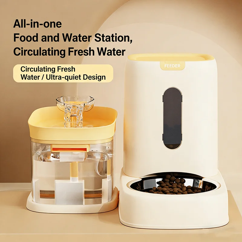 Automatic Pet Feeder Dual Bowl Stainless - 自動ペットフィーダーと水飲みボウルのコンボセット ステンレス製デュアル機能ペットフードディスペンサー USB給水器付き 猫と犬用