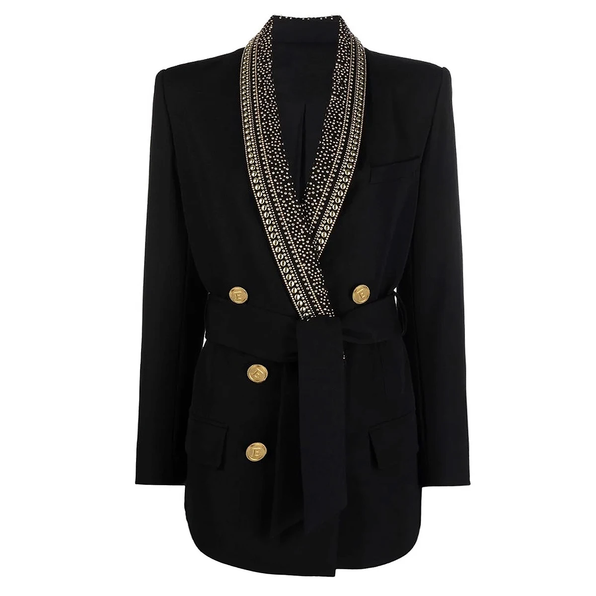 

Spring And Autumn Fashion New Style Hot Stamped Belt With Green Fruit Collar, Medium Length Black And White Women's Suit Coat
