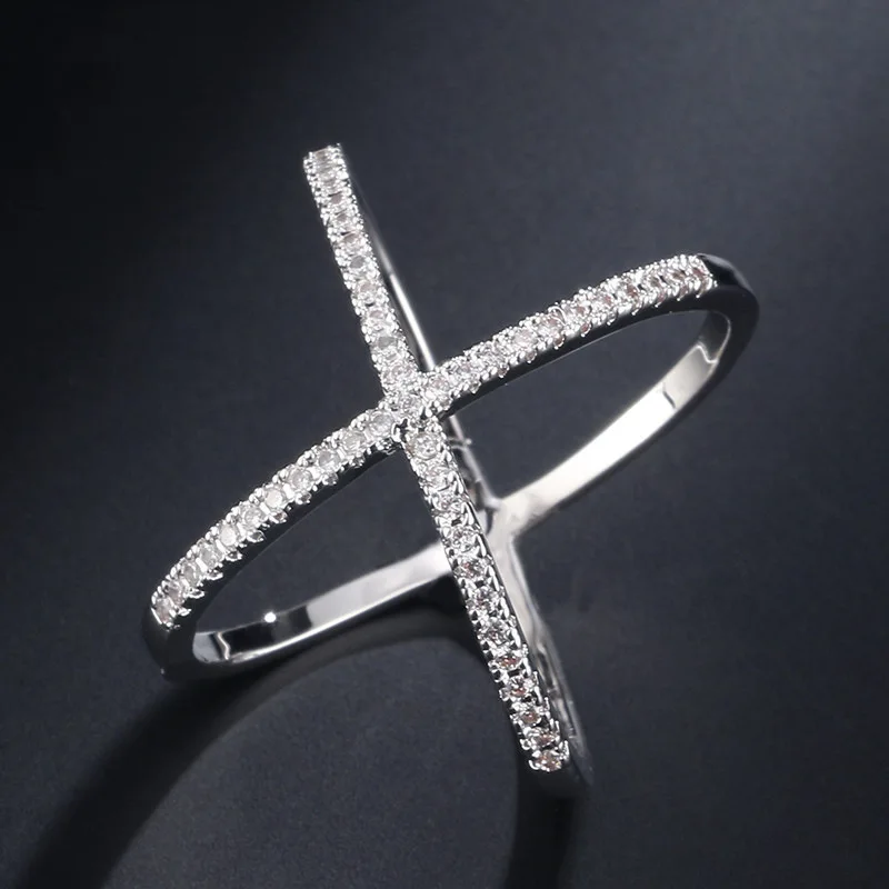 Hot Sale Original S925 Silver Cross X Shape Women Engagement Ring Full Paved CZ Stone  Elegant Simple Female Jewelry Ring