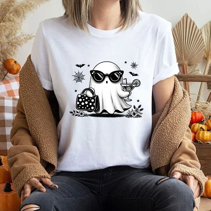 

Женские футболки с принтом призраков на Хэллоуин, уникальный дизайн ручной росписи, одежда для осеннего сезона, возможность индивидуализации