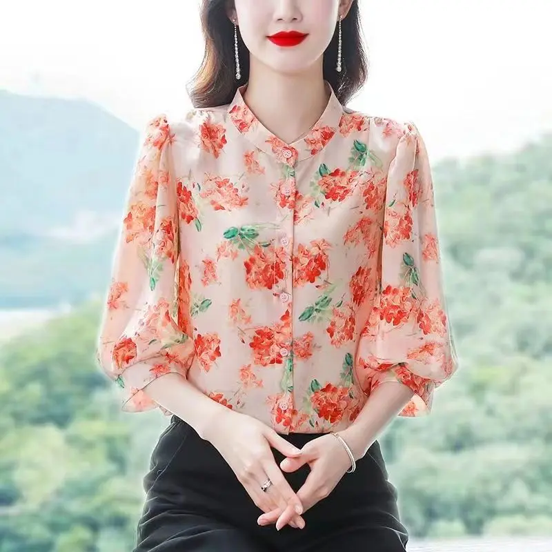 Women Floral Print Elegant Button Shirts Summer Korean Fashion Stand Collar 3/4 Sleeve Office Lady Blouse Chic Loose Tops Blusas