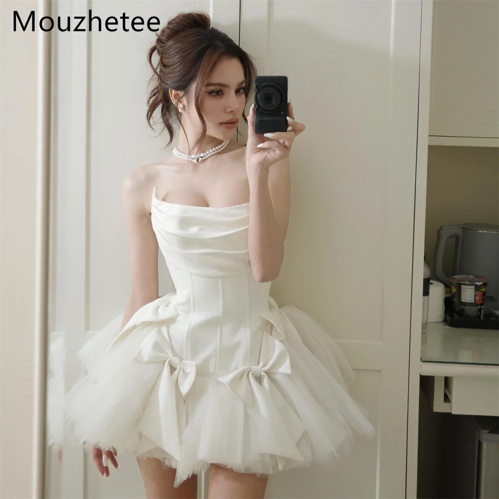 

Mouzhetee A-Line Strapless Satin Bow Mini Simple Wedding Dresses Tulle Sleeveless Elegant Brides Gown Custom Made 2026