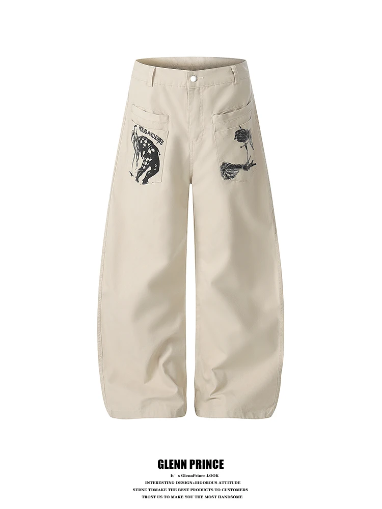 

American Sle fiti Print Wide Leg Workwear Pants Men's 2026 New Design Sense Knife Casual Trousers Cotton Loose Fit