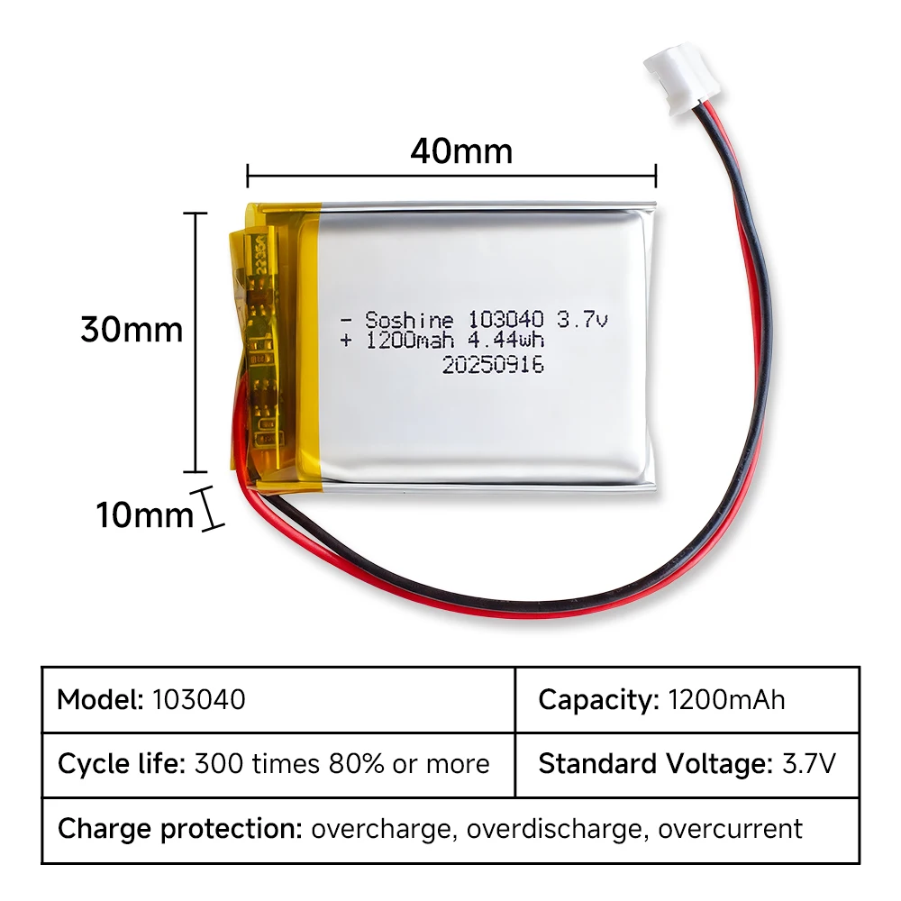 Soshine 3.7V 103040 1200mAh Polymer Lithium Rechargeable Battery for GPS Navigator MP3/4/5 Bluetooth Headset Bluetooth