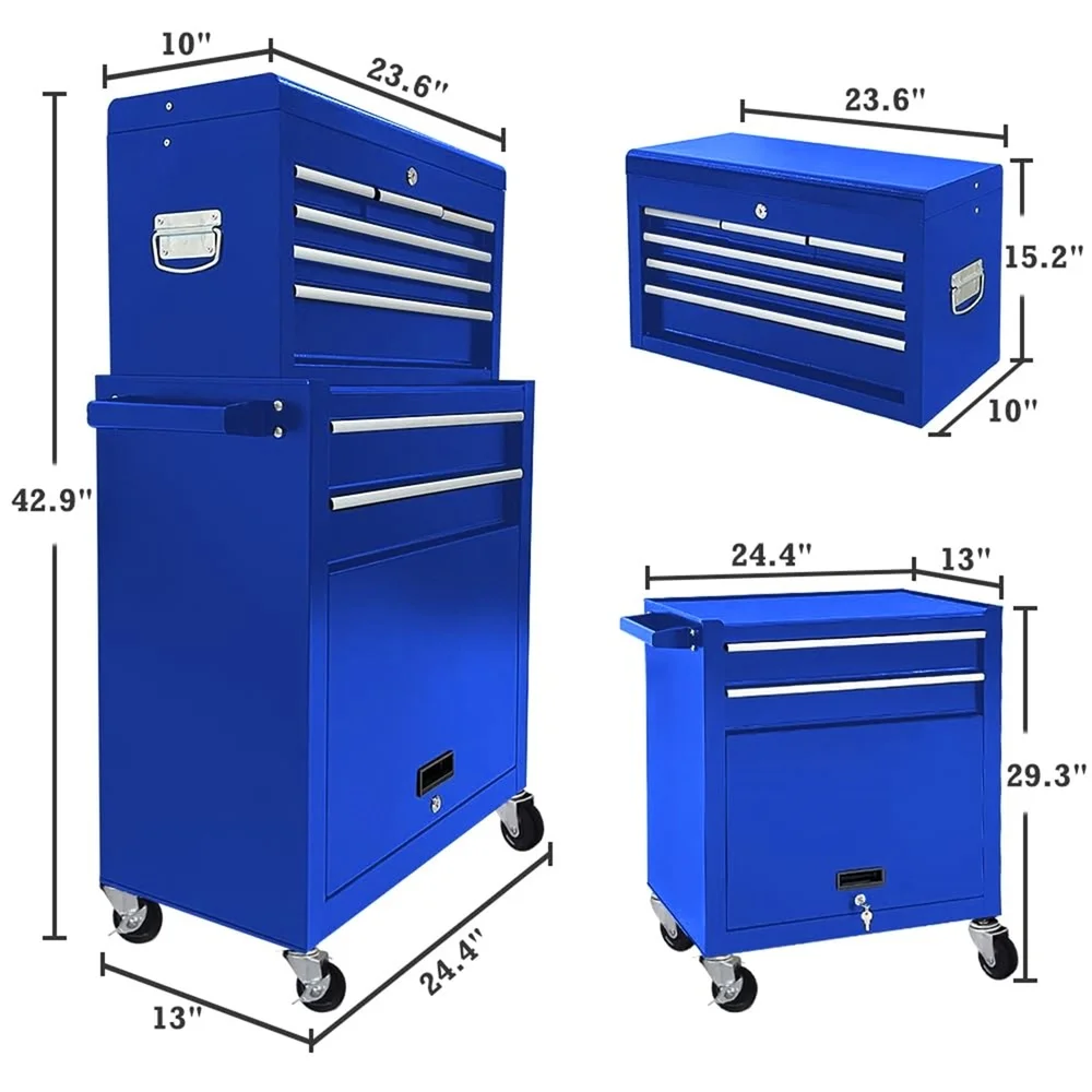2 in 1 Rolling Tool Chest Cabinet with Locking System 8 Drawers Durable Steel Tool Storage Garage Organization Portable Tool Box