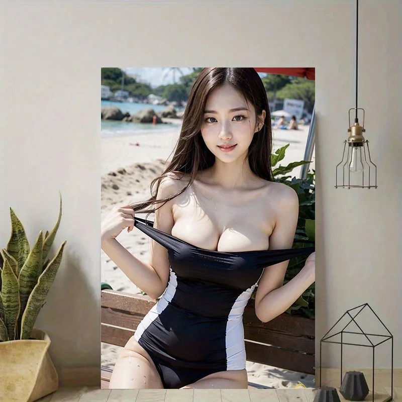 Vintage Sexy Asian Woman In Black And White Off Shoulder Swimsuit Beach Portrait Retro Metal Tin Sign, Rustic Summer Ocean Pin U
