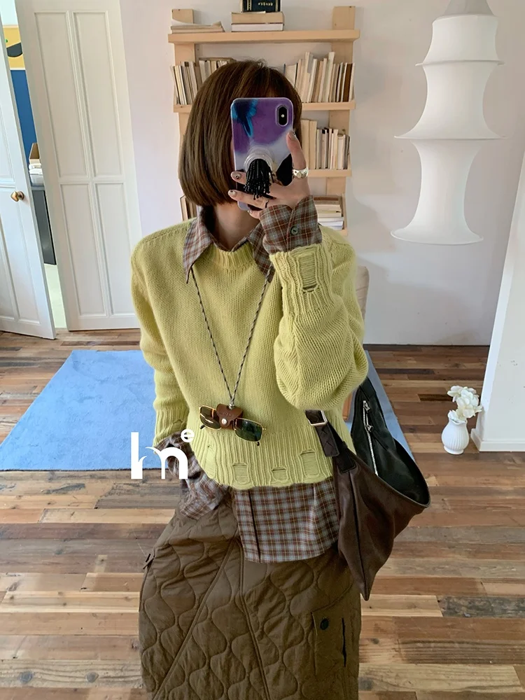 

EMH Вязаный шерстяной свитер ручной работы с круглым вырезом, длинными рукавами, укороченный, с эффектом утяжки на талии и дизайнерскими вырезами, для повседневной носки