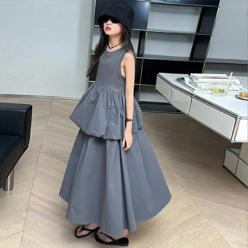 Fashion Girl Sleeveless Vest Dress Summer New Ruffles Dress Kids Holiday Dress Children Gray Casual Dress Teenage Clothes Wz1350