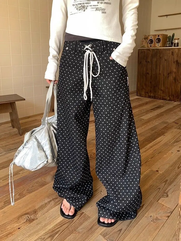 

Женские черные джинсы в стиле ретро с принтом в горошек, широкие джинсовые брюки в стиле хип-хоп, женские брюки с высокой талией в уличном стиле