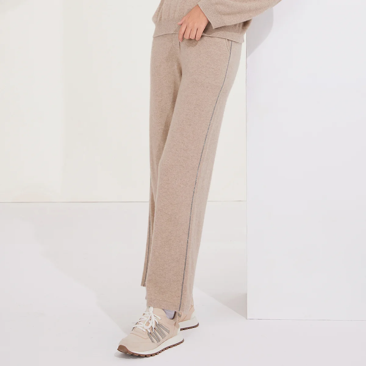 BY3521236 100% Cashmere Wide Leg Pants for Women Casual Knit Trousers with Side Stripe Fall Fashion