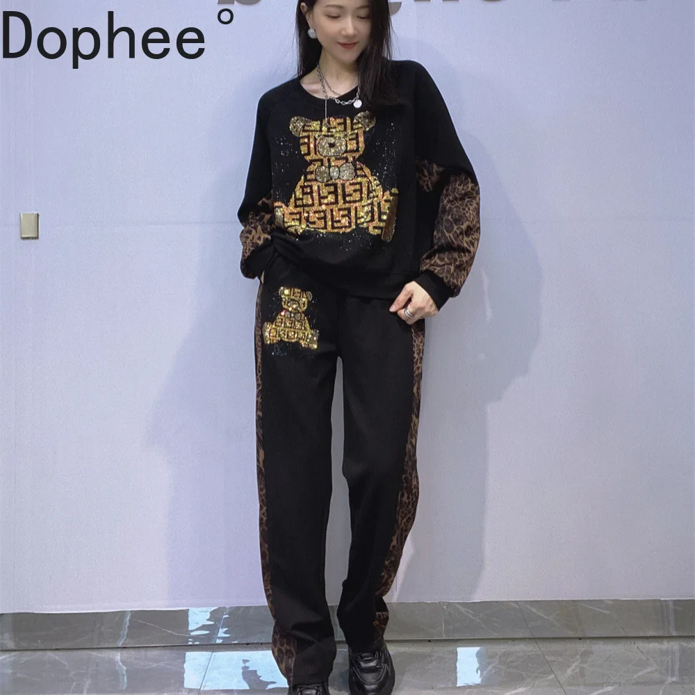 

Outdoor Casual Sports Women Hoodies Sets Spring Autumn Long Sleeve Hot Drilling O-neck Pullover Top + Elastic Waist Harem Pants
