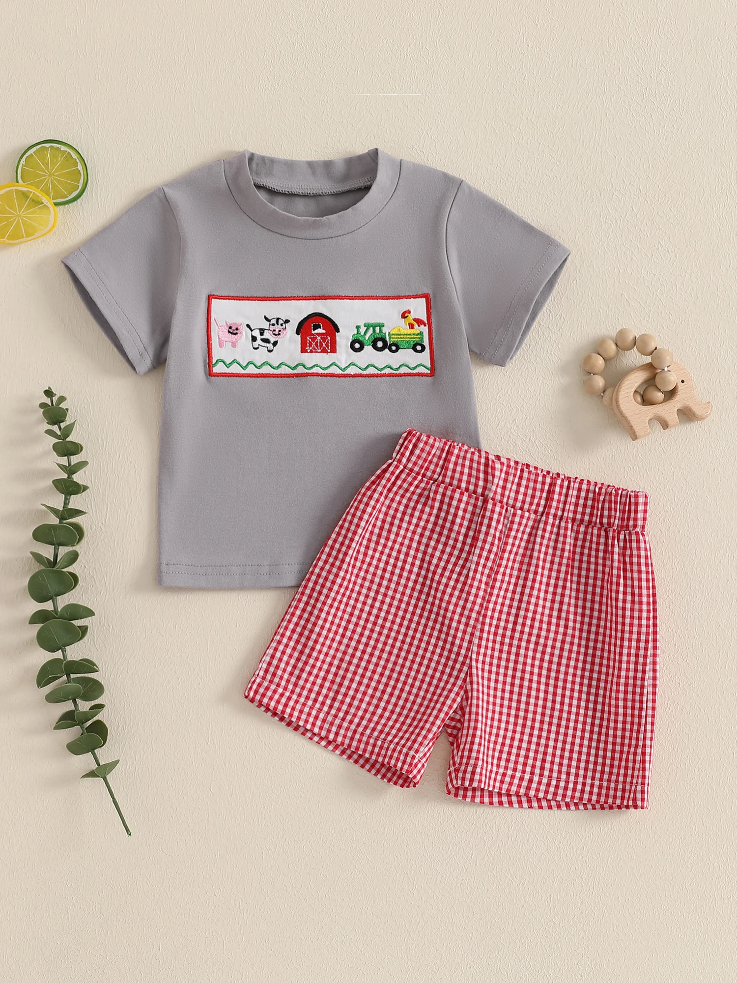 Toddler Girls Shorts Set Short Sleeve Round Neck Farm Embroidery Tops Elastic Waistband Plaid Shorts