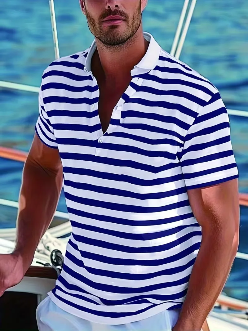 Herren Kurzarm-Poloshirt mit gestreiftem 3D-Druck, Sommer-Freizeitmode, künstlerischer minimalistischer Stil, Alltagskleidung, Oberteil